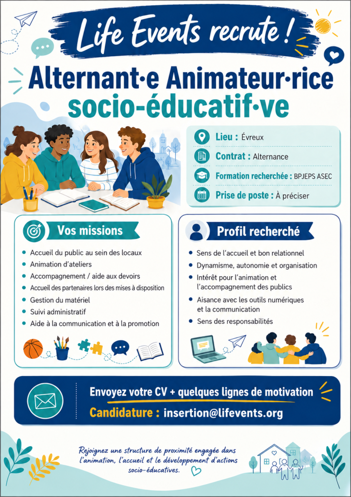Life Events recrute un.e alternat.e animateur.rice socio-éducatif.ve
